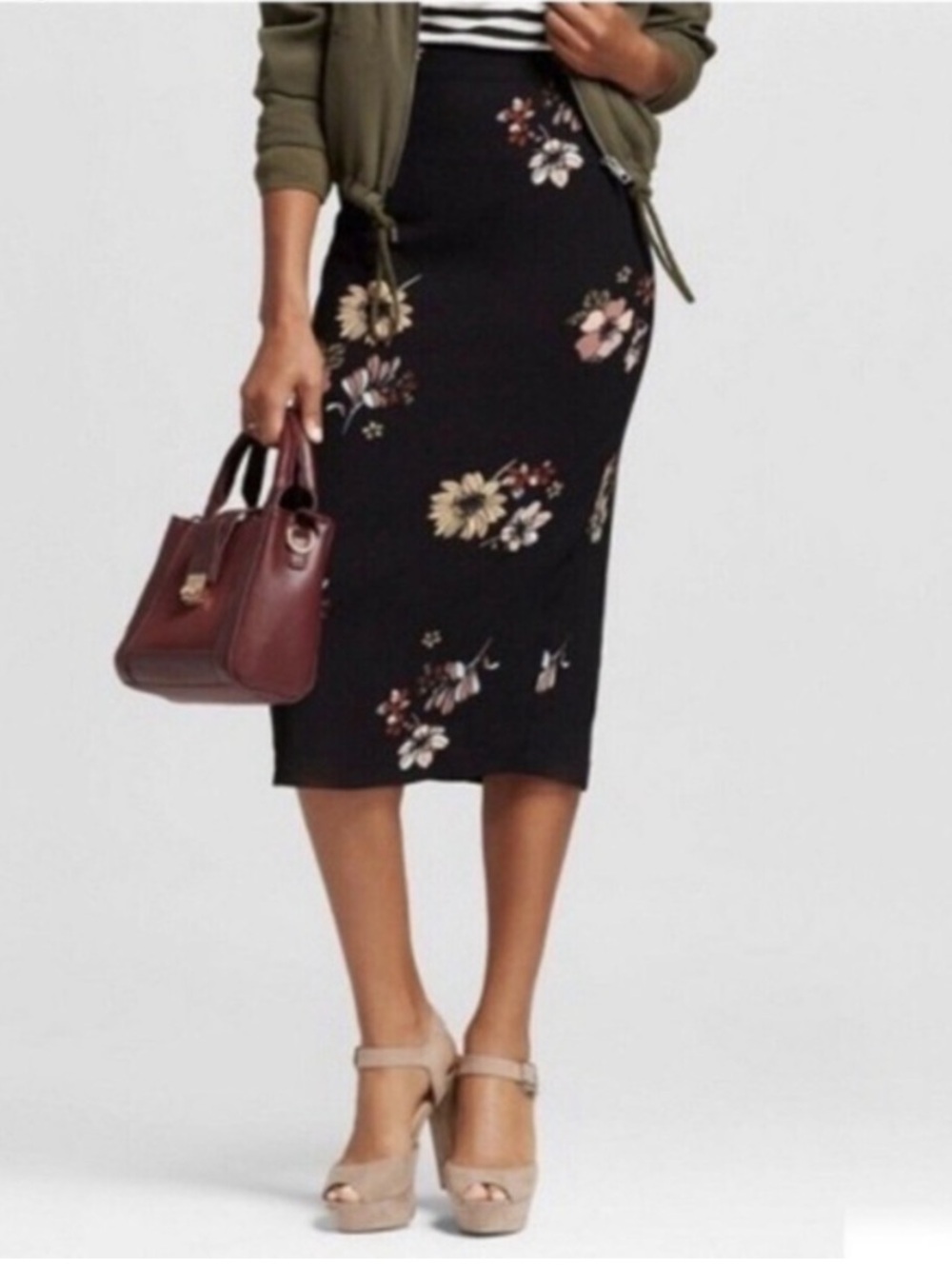 Who What Wear Floral Print Black Midi Pencil Skirt